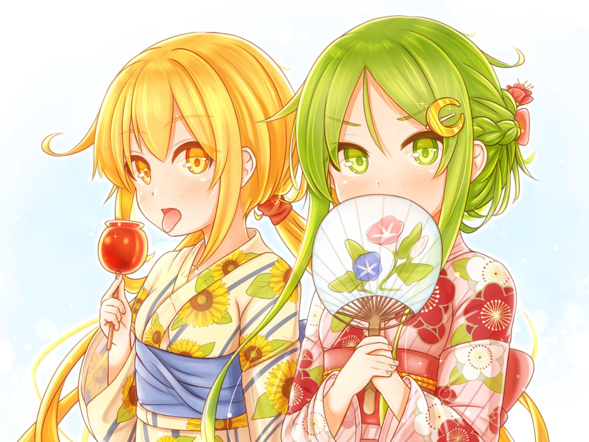 2girls alternate_costume alternate_hairstyle bangs blonde_hair blush braid candy_apple crescent crescent_hair_ornament eyebrows_visible_through_hair fan fingernails floral_print flower food green_eyes green_hair hair_ornament highres holding japanese_clothes kantai_collection kimono long_hair long_sleeves low_twintails multiple_girls nagatsuki_(kantai_collection) open_mouth sash satsuki_(kantai_collection) sidelocks simple_background suzushiro_(gripen39) tongue tongue_out twintails yellow_eyes yukata