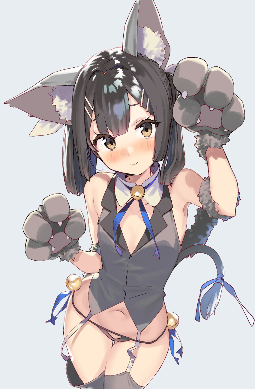 1girl absurdres animal_ears bare_shoulders black_hair blush breasts brown_eyes cowboy_shot fate/kaleid_liner_prisma_illya fate_(series) gloves hair_ornament hairclip highres kanzarin_(hoochikiss) long_hair looking_at_viewer miyu_edelfelt paw_gloves paws simple_background small_breasts solo white_background