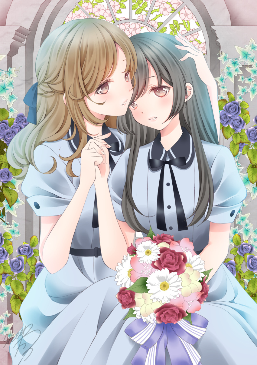 2girls black_bow black_hair blue_flower blue_shirt blue_skirt bouquet bow brown_eyes brown_hair collared_shirt commentary english_commentary fingernails flower hand_on_another's_head highres holding_hands interlocked_fingers knees_up long_hair multiple_girls original parted_lips puffy_short_sleeves puffy_sleeves purple_flower purple_rose red_flower red_rose revision rose sheepd shirt short_sleeves signature sitting skirt white_flower yuri