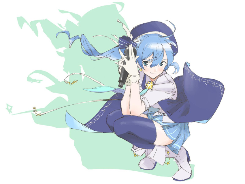 bangs beret blue_eyes blue_hair blue_headwear blue_legwear blue_skirt boots bow closed_mouth earrings gloves hair_between_eyes hair_bow hat highres holding holding_microphone hololive hoshimachi_suisei jewelry long_hair marugayotsu microphone miniskirt shadow skirt slav_squatting squatting star star_earrings suisei_channel thigh-highs tiptoes virtual_youtuber white_background white_footwear white_gloves zettai_ryouiki