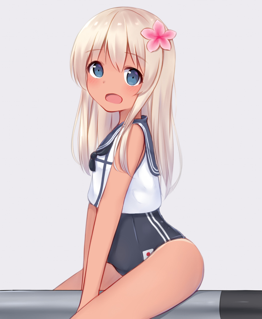 1girl ass bangs bare_shoulders blonde_hair blue_eyes blush breasts commentary_request crop_top eyebrows_visible_through_hair flower from_side hair_between_eyes hair_flower hair_ornament highres kake_kan kantai_collection long_hair looking_at_viewer one-piece_swimsuit one-piece_tan open_mouth ro-500_(kantai_collection) sailor_collar school_swimsuit simple_background sitting skindentation small_breasts smile solo swimsuit swimsuit_under_clothes tan tanline thighs torpedo