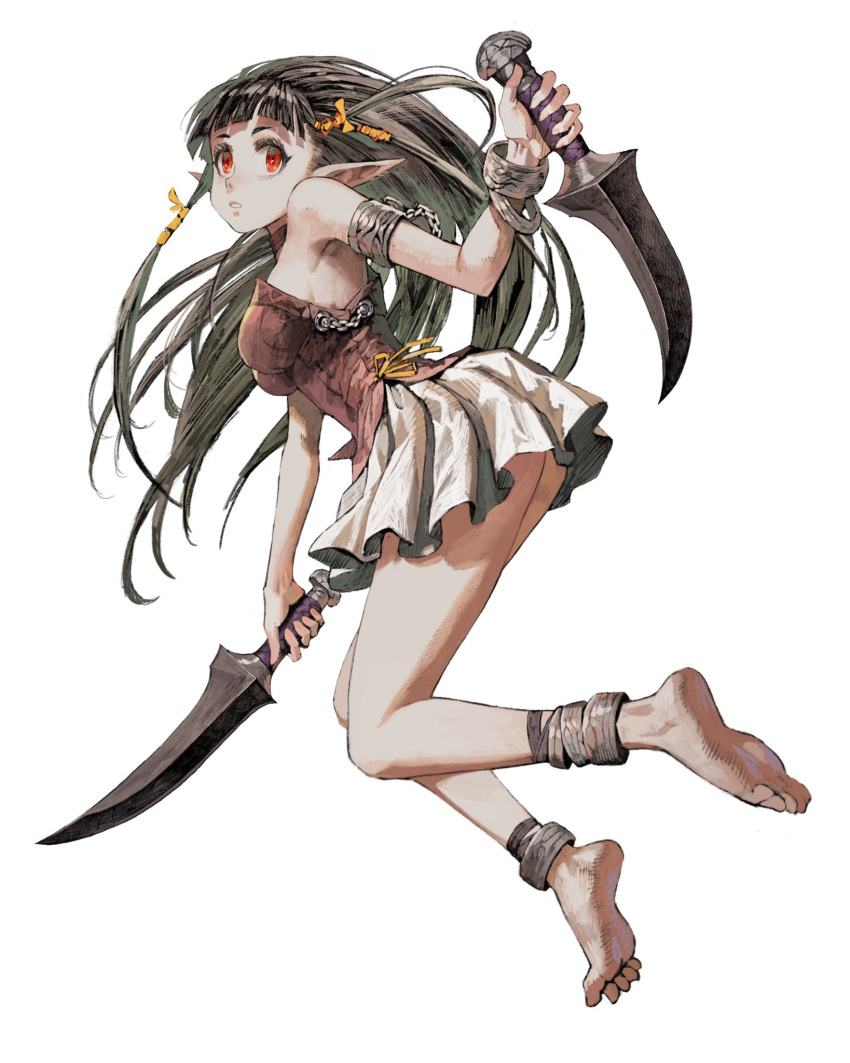 1girl anklet armlet barefoot black_hair bracelet breasts chain commentary_request dagger dual_wielding full_body highres holding jewelry jun_(seojh1029) large_breasts long_hair looking_back original parted_lips pointy_ears red_eyes reverse_grip skirt solo weapon white_background