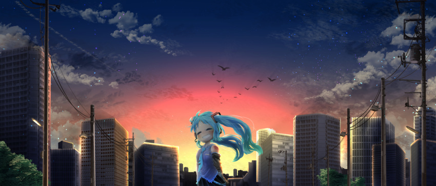 1girl aqua_hair aqua_neckwear arms_behind_back bare_shoulders bird black_skirt blush building chamaji cityscape closed_eyes commentary_request detached_sleeves evening grey_vest grin hatsune_miku highres lamppost necktie power_lines skirt sky skyline skyscraper smile solo standing star_(sky) starry_sky tattoo teeth tree vest vocaloid