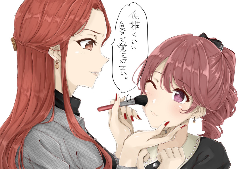 2girls applying_makeup black_bow bow brown_eyes brown_hair dangle_earrings drill_ponytail drop_earrings duffy earrings fingernails hair_bow hair_ornament hairclip hand_on_another's_chin hands_on_own_chest heart heart_earrings highres idolmaster idolmaster_cinderella_girls jewelry lips looking_at_another makeup_brush multiple_girls nail_polish necklace one_eye_closed ponytail red_nails redhead ring shiina_noriko simple_background translated turtleneck violet_eyes white_background zaizen_tokiko