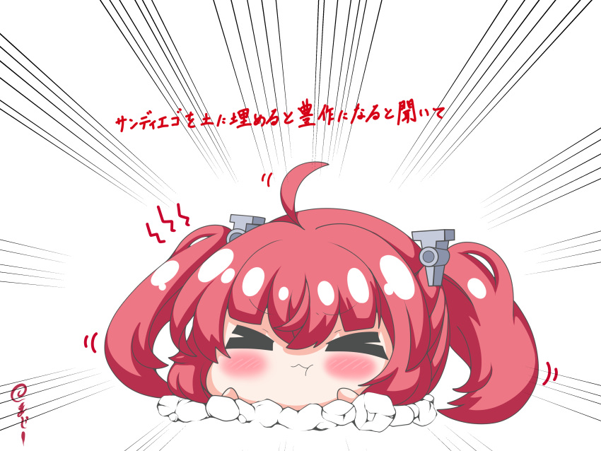 &gt;_&lt; 1girl :t absurdres ahoge azur_lane bangs blush chibi closed_eyes closed_mouth commentary_request emphasis_lines eyebrows_visible_through_hair facing_viewer hair_between_eyes hair_ornament hands_up highres kurukurumagical pout redhead san_diego_(azur_lane) sidelocks solo translation_request twintails v-shaped_eyebrows wavy_mouth white_background