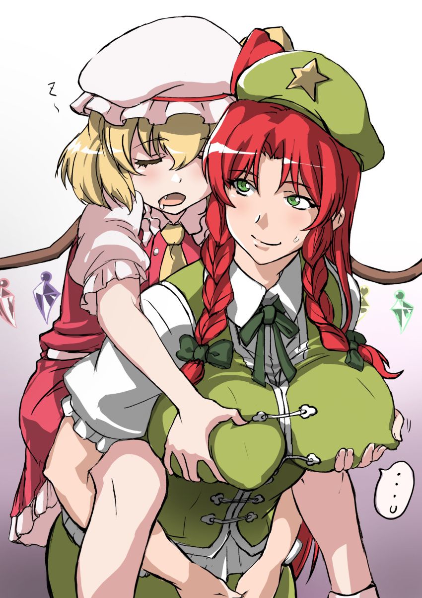 beret blonde_hair bow braid carrying chinese_clothes crystal flandre_scarlet grabbing grabbing_from_behind hat hat_bow hat_ribbon highres hong_meiling mamesi_(suhk8583) mob_cap piggyback puffy_short_sleeves puffy_sleeves red_skirt redhead ribbon short_sleeves side_ponytail skirt sleeping star touhou twin_braids wings wrist_cuffs