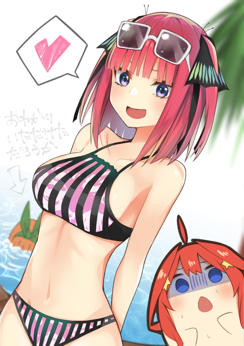 2girls :d absurdres ahoge bare_arms bare_shoulders bikini blue_eyes blue_nails blush breasts caustics chestnut_mouth collarbone gloom_(expression) go-toubun_no_hanayome hair_ornament halterneck heart highres itame_moyashi looking_at_viewer medium_breasts multiple_girls nail_polish nakano_itsuki nakano_nino navel open_mouth orange_hair pink_bikini redhead revision shaded_face short_hair smile spoken_heart star stomach striped striped_bikini sweat swimsuit two_side_up water white_background