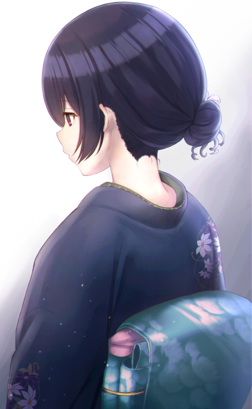 1girl black_hair black_kimono closed_mouth cotrpopor eyebrows_visible_through_hair floral_print from_behind grey_background hair_bun half-closed_eyes highres idolmaster idolmaster_shiny_colors japanese_clothes kimono looking_away looking_down morino_rinze obi print_kimono profile red_eyes sash shiny shiny_hair short_hair sidelocks solo upper_body white_background