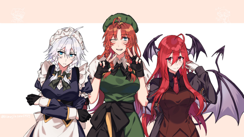 3girls ahoge black_gloves black_neckwear black_shirt blue_eyes blush bow bowtie braid commentary_request crossed_arms demon_tail demon_wings double_v fingerless_gloves gloves green_headwear green_neckwear hair_bow head_wings highres himajinsan0401 hong_meiling izayoi_sakuya juliet_sleeves koakuma long_sleeves looking_at_viewer maid_headdress multiple_girls necktie one_eye_closed open_mouth patchouli_knowledge puffy_short_sleeves puffy_sleeves red_eyes red_neckwear redhead remilia_scarlet shirt short_sleeves silver_hair star tail touhou twin_braids twitter_username v vest white_gloves wings