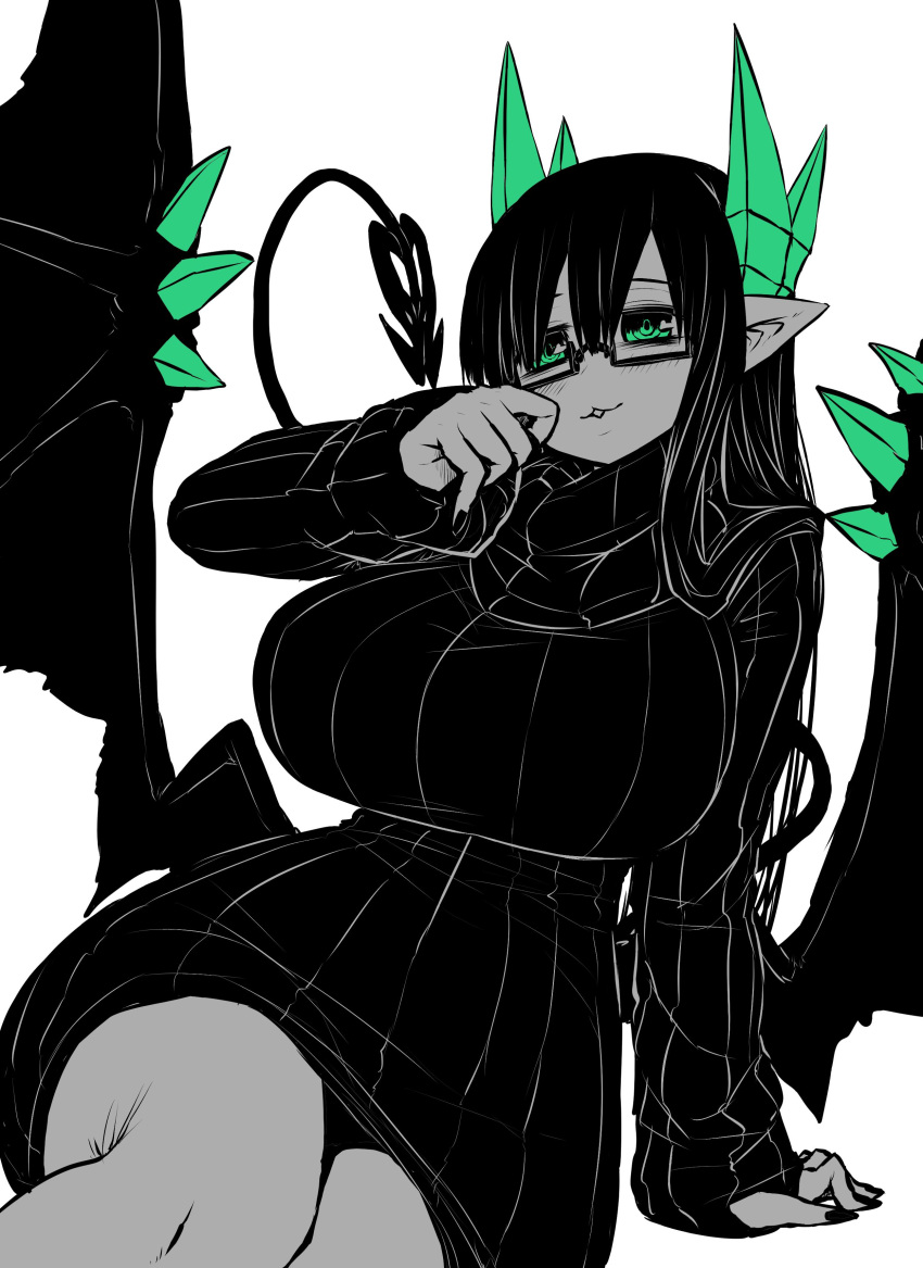 1girl absurdres black_sweater breasts demon_girl demon_tail demon_wings green_eyes highres horns huge_breasts juugoya_(zyugoya) limited_palette merii_(musuko_ga_kawaikute_shikatanai_mazoku_no_hahaoya) musuko_ga_kawaikute_shikatanai_mazoku_no_hahaoya ribbed_sweater sweater tail white_background wings