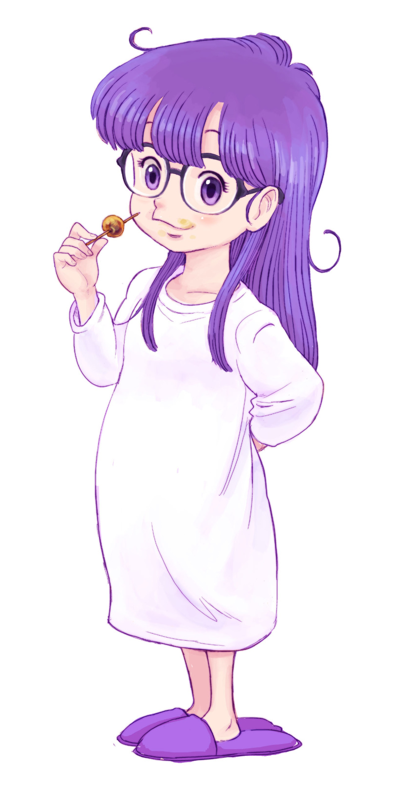1girl absurdres closed_mouth commentary_request dango dr._slump food glasses highres lafolie long_hair looking_at_viewer norimaki_arale overalls purple_hair shirt simple_background smile solo violet_eyes wagashi white_background