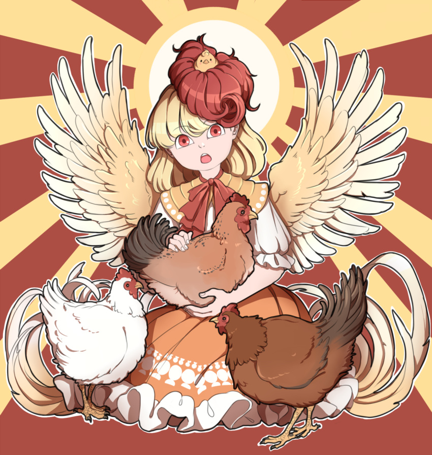 1girl animal animal_on_head bird blonde_hair chick chicken dress eyebrows_visible_through_hair feathered_wings highres holding holding_animal looking_at_viewer mefomefo multicolored_hair niwatari_kutaka on_head open_mouth puffy_short_sleeves puffy_sleeves red_eyes red_ribbon redhead ribbon shirt short_hair short_sleeves solo touhou two-tone_hair white_shirt wings