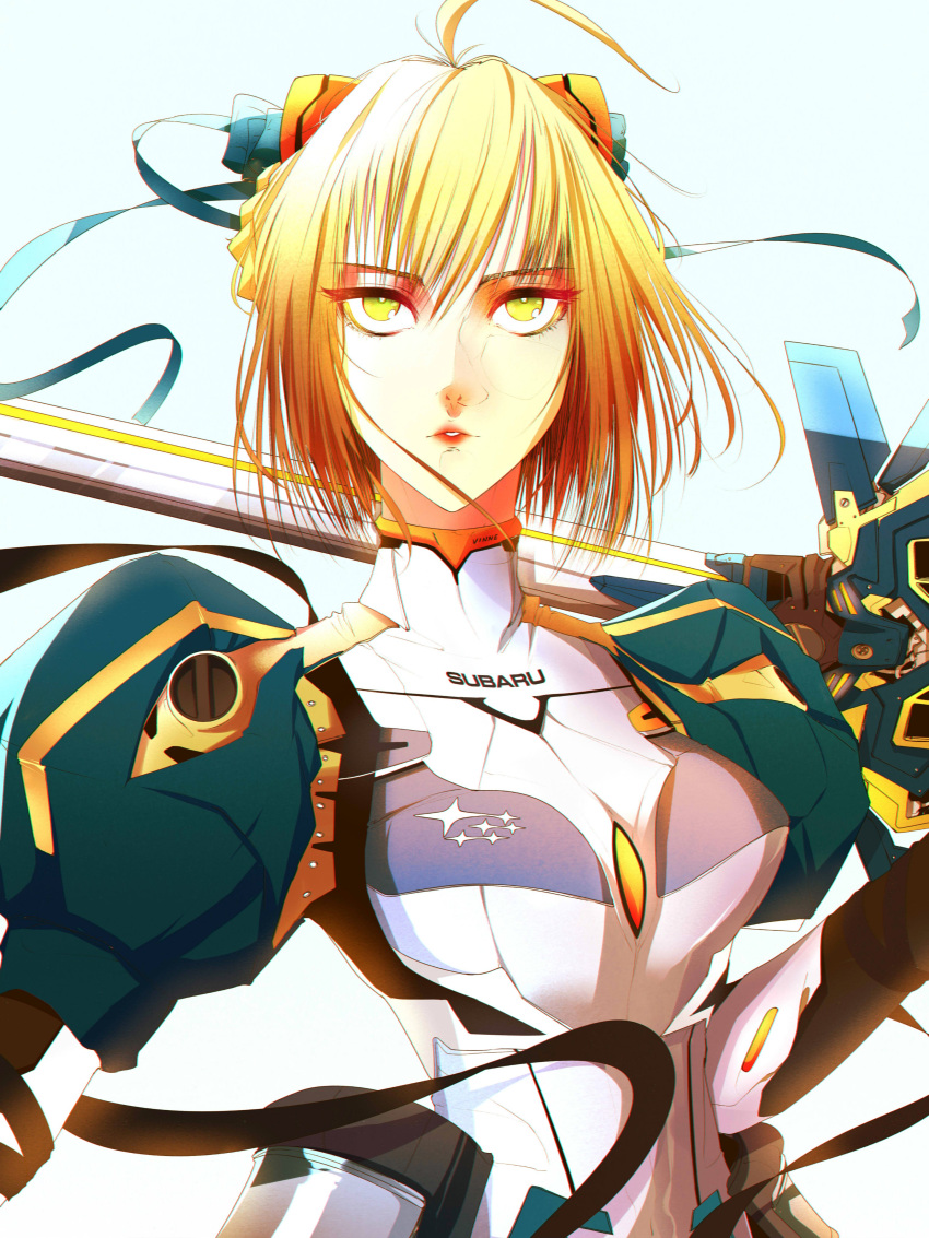 1girl absurdres ahoge artoria_pendragon_(all) bangs blonde_hair blue_ribbon bodysuit breasts excalibur eyelashes fate/grand_order fate_(series) hair_between_eyes hair_ribbon highres holding holding_sword holding_weapon lips looking_at_viewer medium_breasts neon_genesis_evangelion over_shoulder parody parted_lips pilot_suit plugsuit ribbon saber short_hair sidelocks simple_background solo subaru sword sword_over_shoulder vinne weapon weapon_over_shoulder yellow_eyes