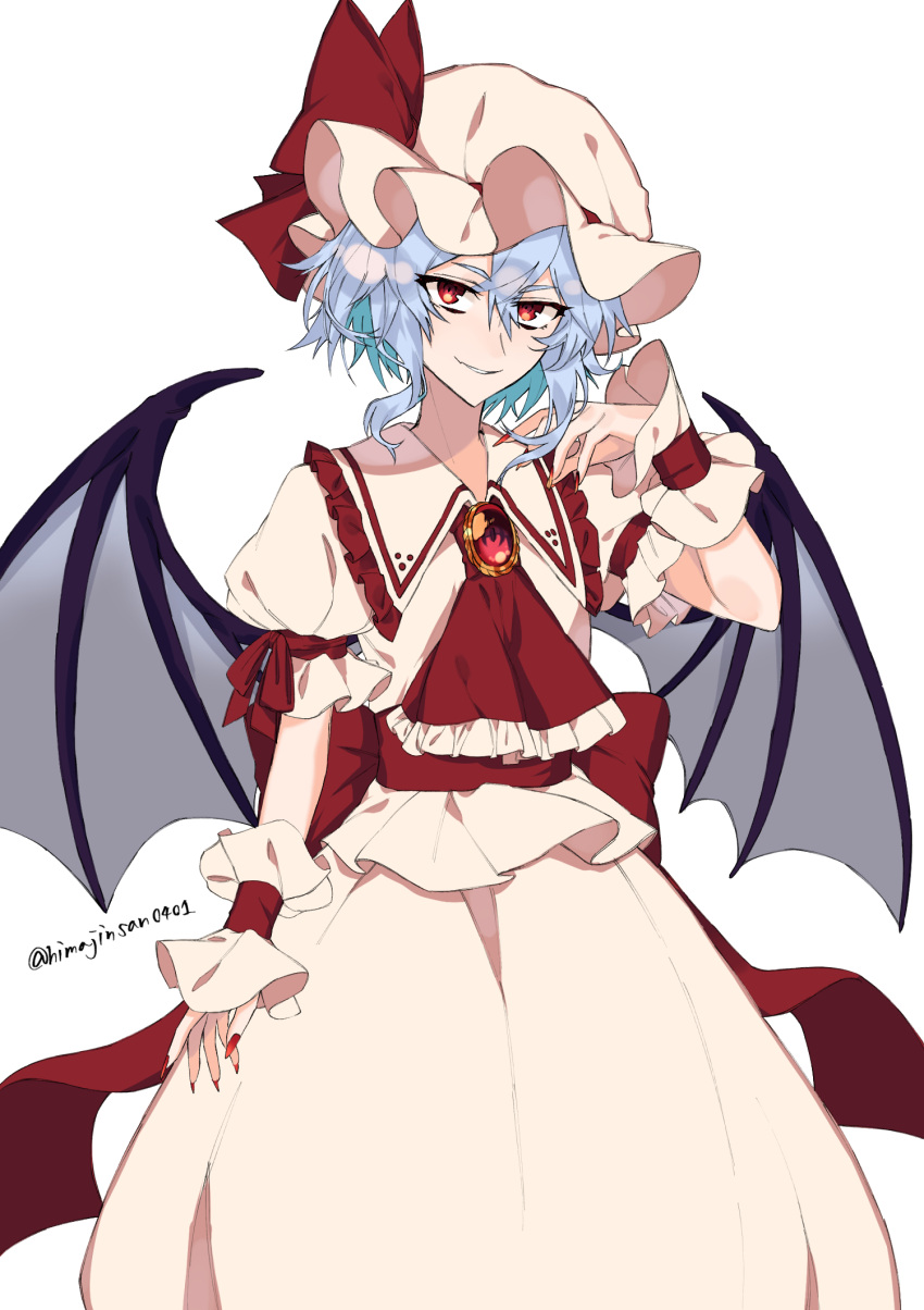 1girl ascot bat_wings bow brooch collar cowboy_shot fang frilled_ascot frilled_shirt_collar frills hat hat_bow highres himajinsan0401 jewelry lavender_hair looking_at_viewer mob_cap nail_polish puffy_short_sleeves puffy_sleeves red_bow red_eyes red_nails red_neckwear remilia_scarlet short_sleeves simple_background skin_fang smile solo touhou twitter_username white_background wings wrist_cuffs