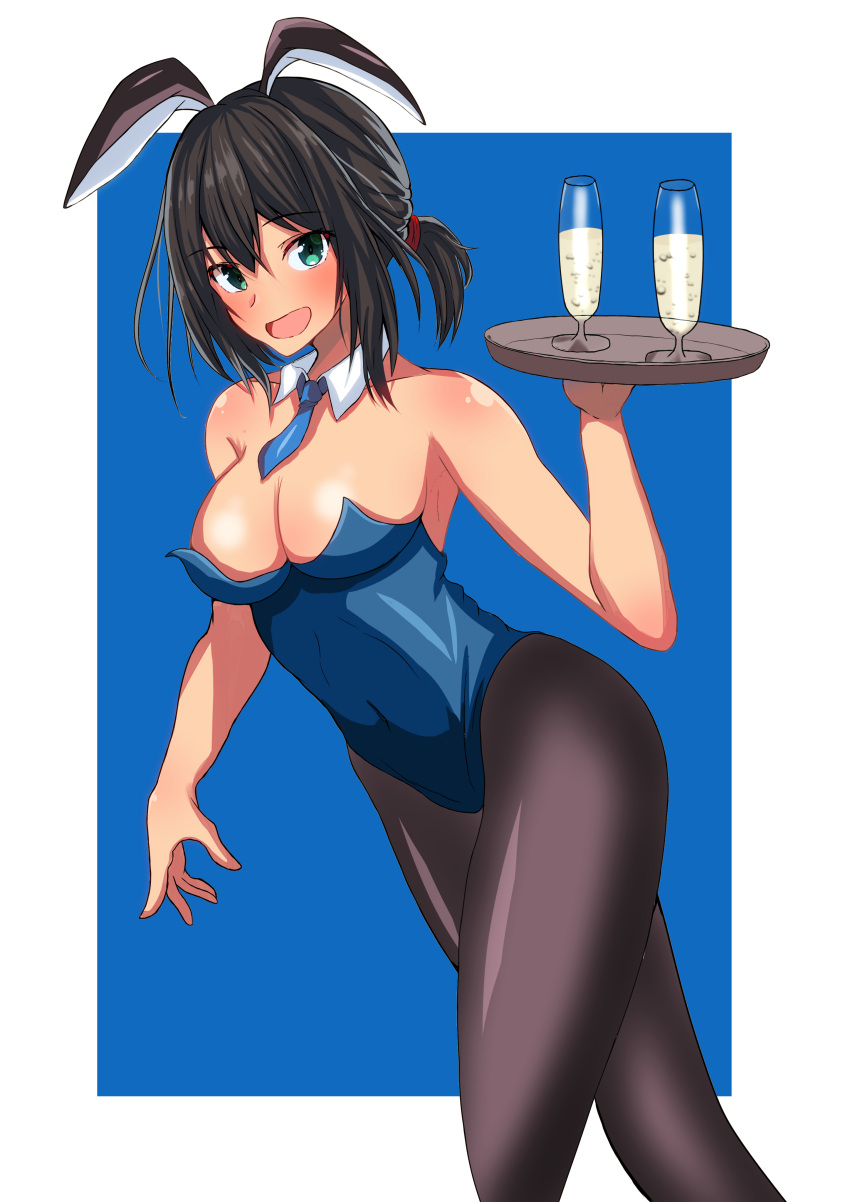 1girl absurdres agachi_(shunya12300724) alcohol alternate_breast_size animal_ears black_hair black_legwear blue_background blue_leotard blue_neckwear border breasts bunnysuit champagne champagne_flute commentary_request cup detached_collar drink drinking_glass fubuki_(kantai_collection) highres kantai_collection leotard long_hair looking_at_viewer low_ponytail medium_breasts necktie open_mouth pantyhose ponytail rabbit_ears short_ponytail sidelocks smile solo strapless strapless_leotard tray two-tone_background white_border wine_glass