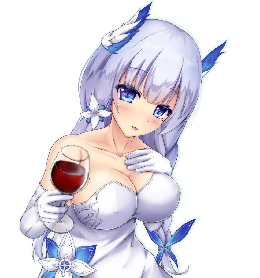 1girl :d alcohol azur_lane bai_da bare_shoulders blue_eyes braid covered_nipples cup dress drinking_glass elbow_gloves flower gloves hair_flower hair_ornament hand_on_own_chest highres holding holding_cup illustrious_(azur_lane) illustrious_(illustrious_ballroom)_(azur_lane) long_hair looking_at_viewer mole mole_under_eye open_mouth silver_hair simple_background smile solo strapless strapless_dress upper_body white_background white_dress white_gloves wine wine_glass