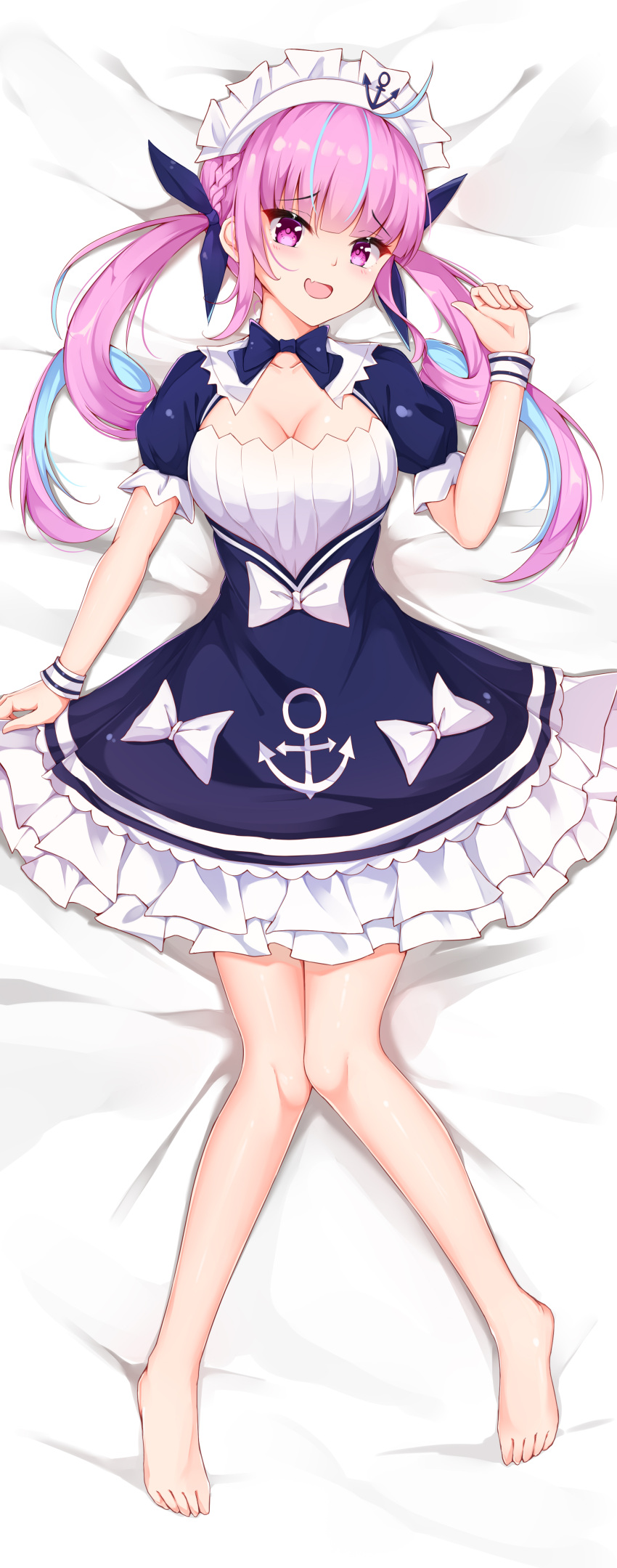 1girl absurdres anchor_symbol bangs blue_bow blue_dress blue_hair bow braid breasts collarbone dress eyebrows_visible_through_hair fang feet frills hair_ribbon highres hololive long_hair looking_at_viewer maid_headdress minato_aqua multicolored_hair puffy_sleeves purple_hair revision ribbon skin_fang smile solo tming twintails two-tone_hair violet_eyes virtual_youtuber