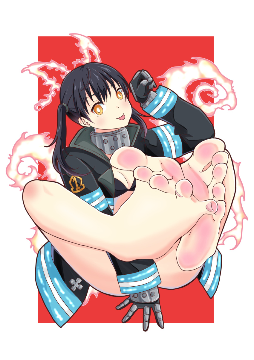 1girl :p bare_legs barefoot black_hair blush breasts en'en_no_shouboutai eyebrows_visible_through_hair feet hair_between_eyes highres leafar long_hair looking_at_viewer navel no_shoes open_clothes paw_pose pov pov_feet smile soles solo tamaki_kotatsu toes tongue tongue_out twintails yellow_eyes