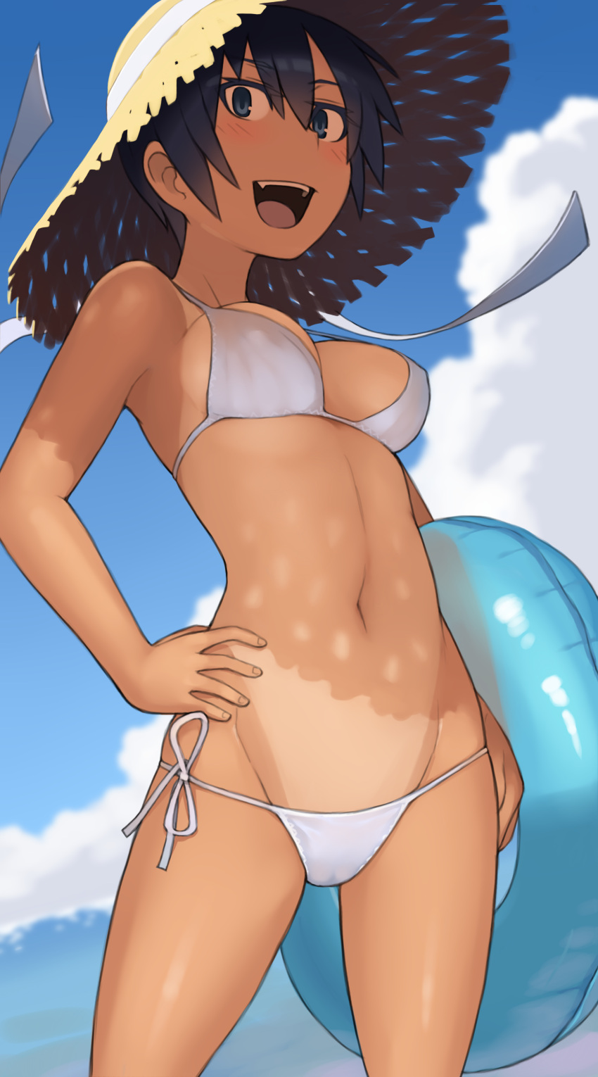 1girl absurdres beach bikini blue_innertube breasts clouds commentary_request contrapposto dark_skin day hair_between_eyes hand_on_hip hat highres innertube kuronami_(lvi) lowleg lowleg_bikini lvi navel ocean open_mouth original revision short_hair side-tie_bikini smile solo standing straw_hat sun_hat swimsuit tan tomboy white_bikini