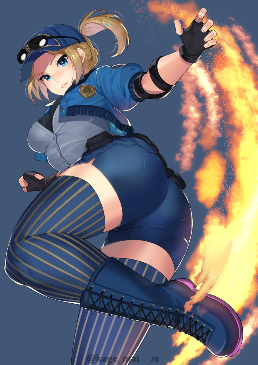 1girl baseball_cap belt blonde_hair blue_eyes blue_legwear blush boots breasts eyewear_on_head final_fight final_fight_tough fingerless_gloves fire flame gloves grey_background hat highres kagematsuri large_breasts looking_at_viewer lucia_morgan medium_breasts police police_badge police_uniform policewoman ponytail short_hair short_shorts shorts simple_background smile solo street_fighter street_fighter_v striped striped_legwear sunglasses thigh-highs twitter_username uniform