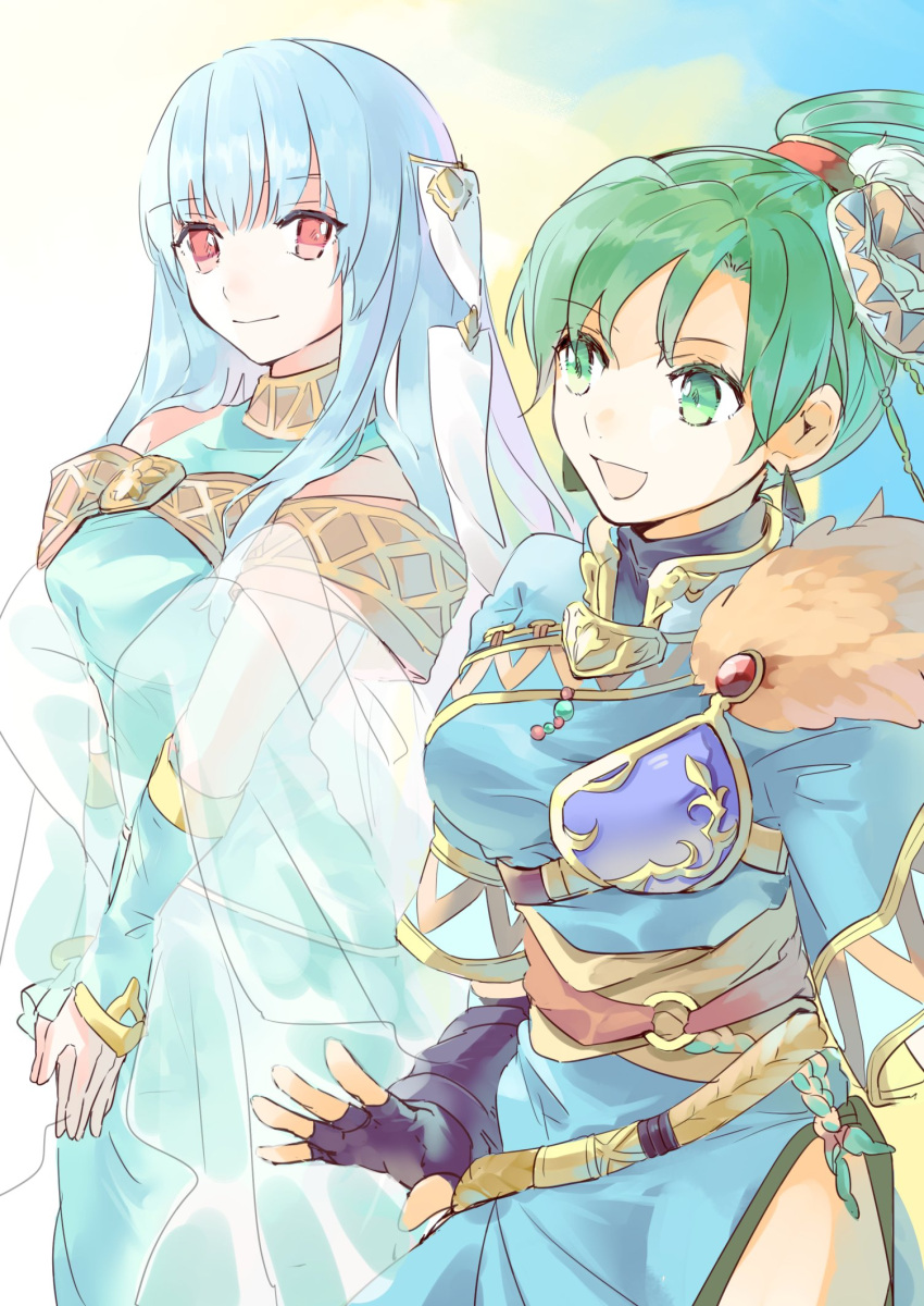 2girls black_gloves blue_hair closed_mouth dress fingerless_gloves fire_emblem fire_emblem:_rekka_no_ken fire_emblem:_the_blazing_blade fire_emblem_blazing_sword fire_emblem_heroes fire_emblem_musou fire_emblem_warriors gloves green_eyes green_hair highres hukashin intelligent_systems long_hair lyn_(fire_emblem) lyndis_(fire_emblem) multiple_girls ninian nintendo open_mouth ponytail princess red_eyes super_smash_bros.