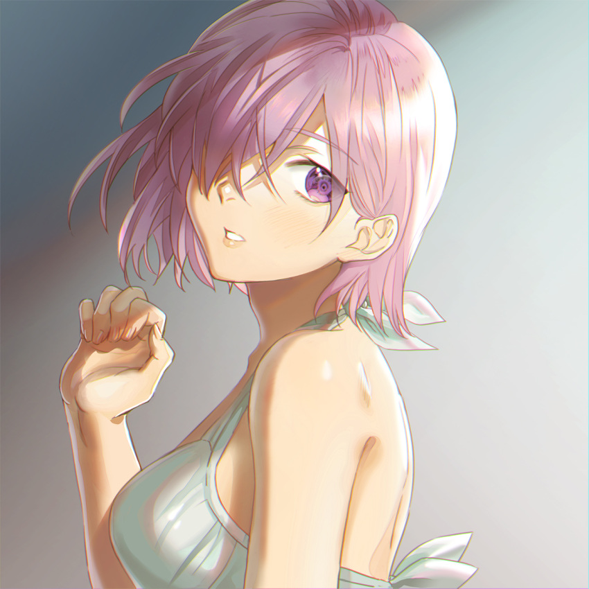 1girl breasts fate/grand_order fate_(series) from_side grey_background hair_over_one_eye halterneck highres k_harris looking_at_viewer mash_kyrielight medium_breasts pink_hair short_hair shoulder_blades sideboob sleeves solo upper_body violet_eyes