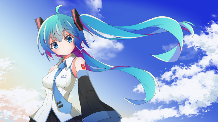 1girl ahoge bangs bare_shoulders black_skirt black_sleeves blue_eyes blue_hair blue_neckwear blue_sky breasts closed_mouth clouds commentary_request day detached_sleeves eyebrows_visible_through_hair floating_hair hair_ornament hatsune_miku highres long_hair long_sleeves mamagogo_(gomaep) medium_breasts multicolored_hair necktie outdoors purple_hair shirt skirt sky sleeveless sleeveless_shirt smile solo tie_clip two-tone_hair very_long_hair vocaloid white_shirt