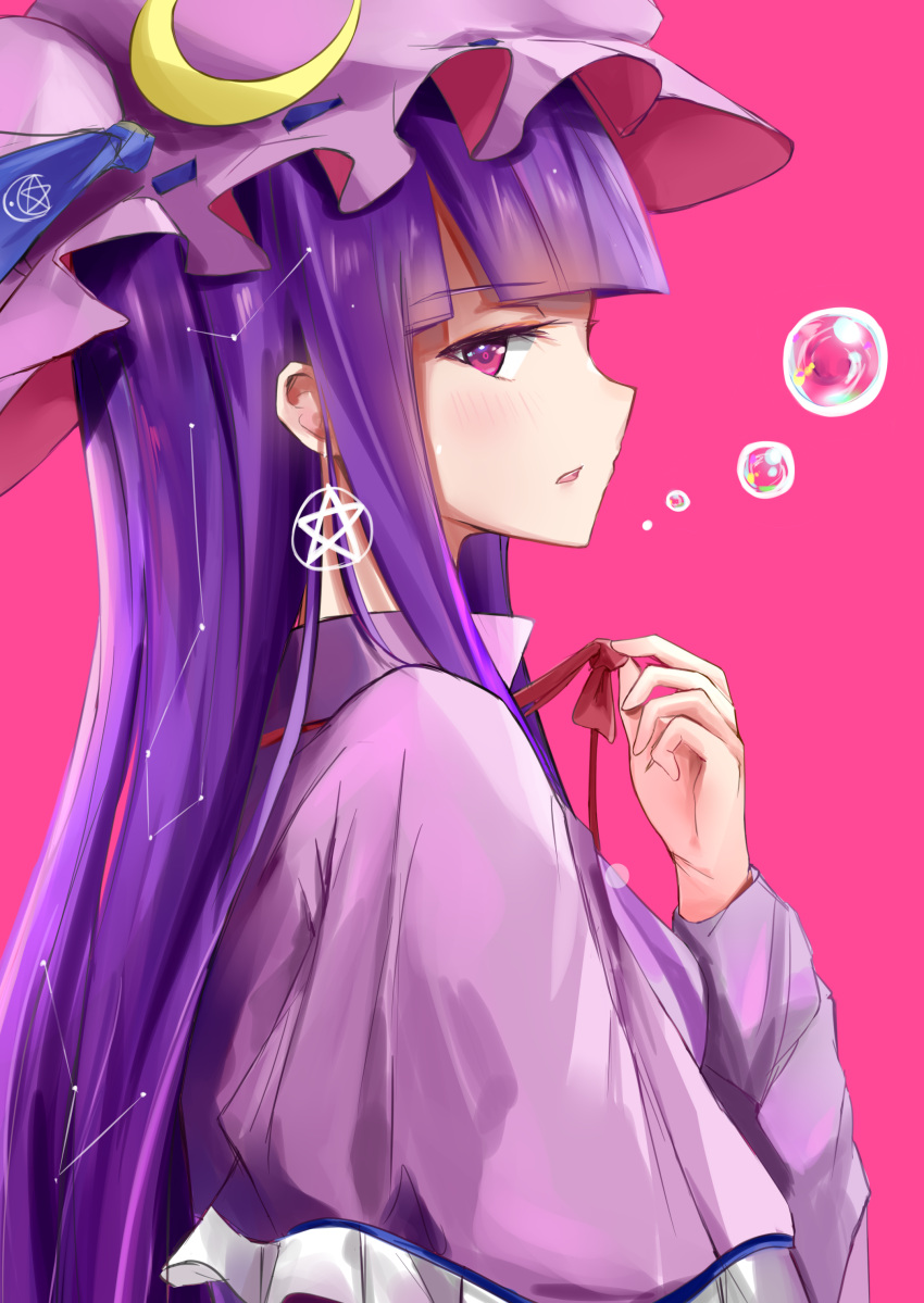 1girl absurdres bangs blue_ribbon blunt_bangs bubble capelet commentary constellation_print crescent crescent_moon_pin dleung english_commentary eyebrows_visible_through_hair hat hat_ribbon highres long_hair looking_at_viewer magic_circle mob_cap open_mouth patchouli_knowledge pink_background purple_hair red_neckwear ribbon sideways_glance simple_background solo touhou upper_body very_long_hair violet_eyes