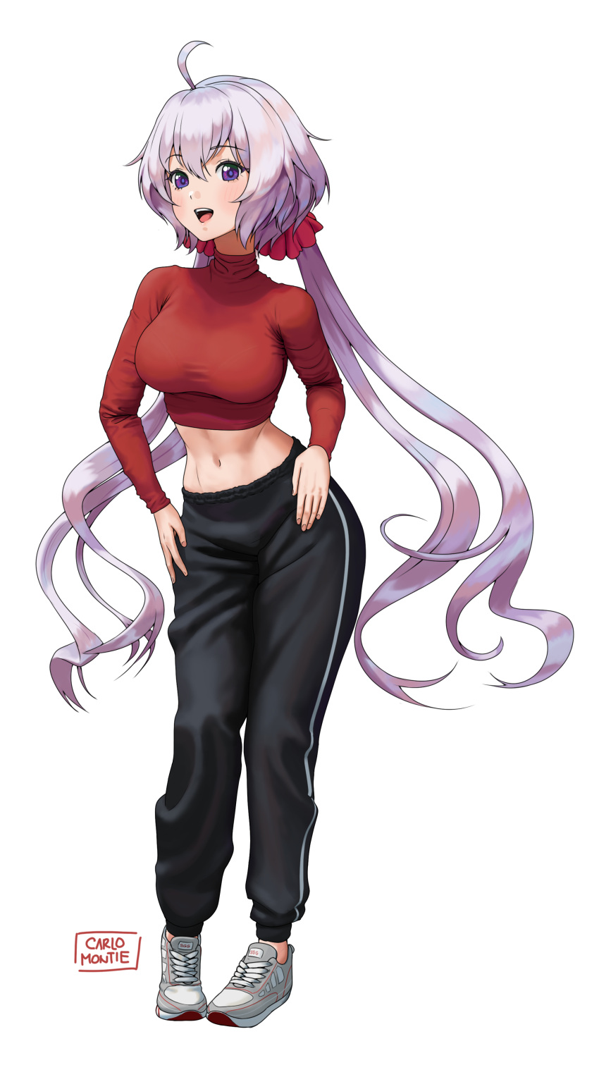 1girl absurdres ahoge alternate_costume artist_name bangs black_pants blush breasts carlo_montie casual contrapposto crop_top eyebrows_visible_through_hair full_body hair_ornament hair_scrunchie hands_on_hips highres large_breasts lavender_hair long_hair long_sleeves looking_at_viewer low_twintails midriff navel open_mouth pants red_scrunchie red_shirt red_sweater scrunchie senki_zesshou_symphogear shirt shoes signature simple_background sneakers solo standing stomach sweater sweatpants taut_clothes taut_shirt turtleneck turtleneck_sweater twintails very_long_hair violet_eyes white_background yukine_chris