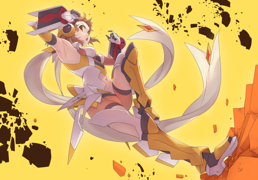 1girl armored_boots armpits boots breasts broken kicking leg_up light_brown_hair medium_breasts mokutan_mmmm navel navel_cutout orange_eyes rock scarf senki_zesshou_symphogear shorts simple_background tachibana_hibiki_(symphogear) yellow_background