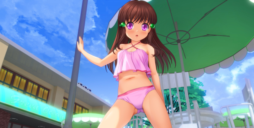 1girl absurdres arm_behind_back arm_up ass_visible_through_thighs bikini blush brown_hair building camisole clouds highres legs_apart long_hair midriff mutsuki_(moonknives) navel open_mouth original outdoors pink_bikini pink_camisole pink_eyes pole sky solo swimsuit thighs umbrella