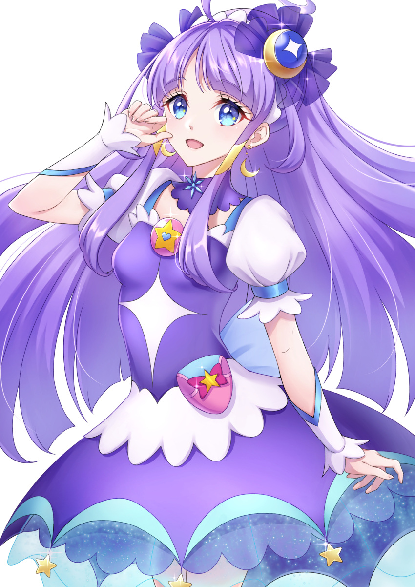 1girl :d ahoge bangs blue_eyes blunt_bangs choker crescent crescent_earrings cure_selene detached_sleeves dress earrings eyebrows_visible_through_hair floating_hair hair_ornament highres jewelry kaguya_madoka long_hair namin_(namin1317) open_mouth precure purple_dress purple_hair see-through shiny shiny_hair short_dress short_sleeves simple_background smile solo standing star_twinkle_precure very_long_hair white_background