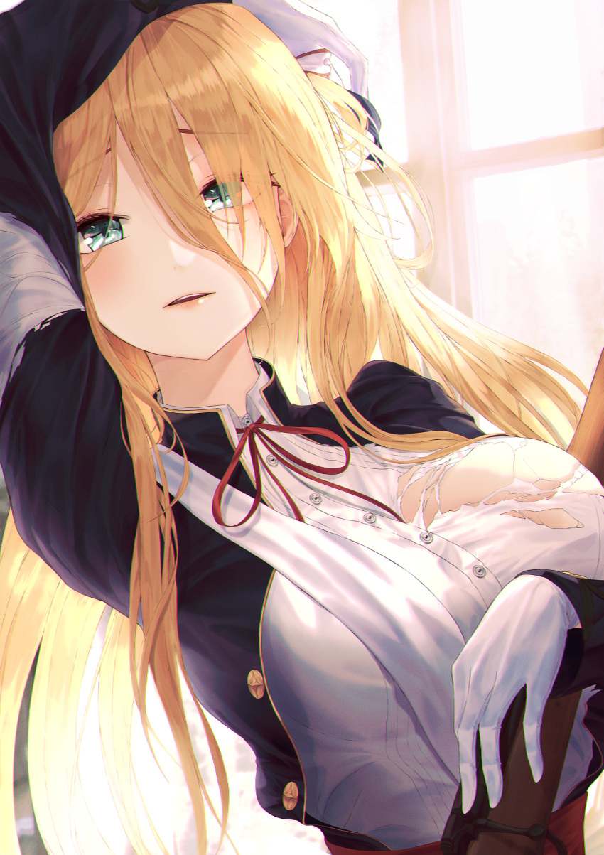 1girl absurdres bangs blonde_hair blue_jacket breasts commentary eyebrows_visible_through_hair girls_frontline gloves green_eyes gun hair_between_eyes hair_ribbon highres jacket large_breasts long_hair looking_at_viewer m1903_springfield m1903_springfield_(girls_frontline) parted_lips ribbon rifle shirt sidelocks solo torn_clothes torn_shirt weapon xeonomi