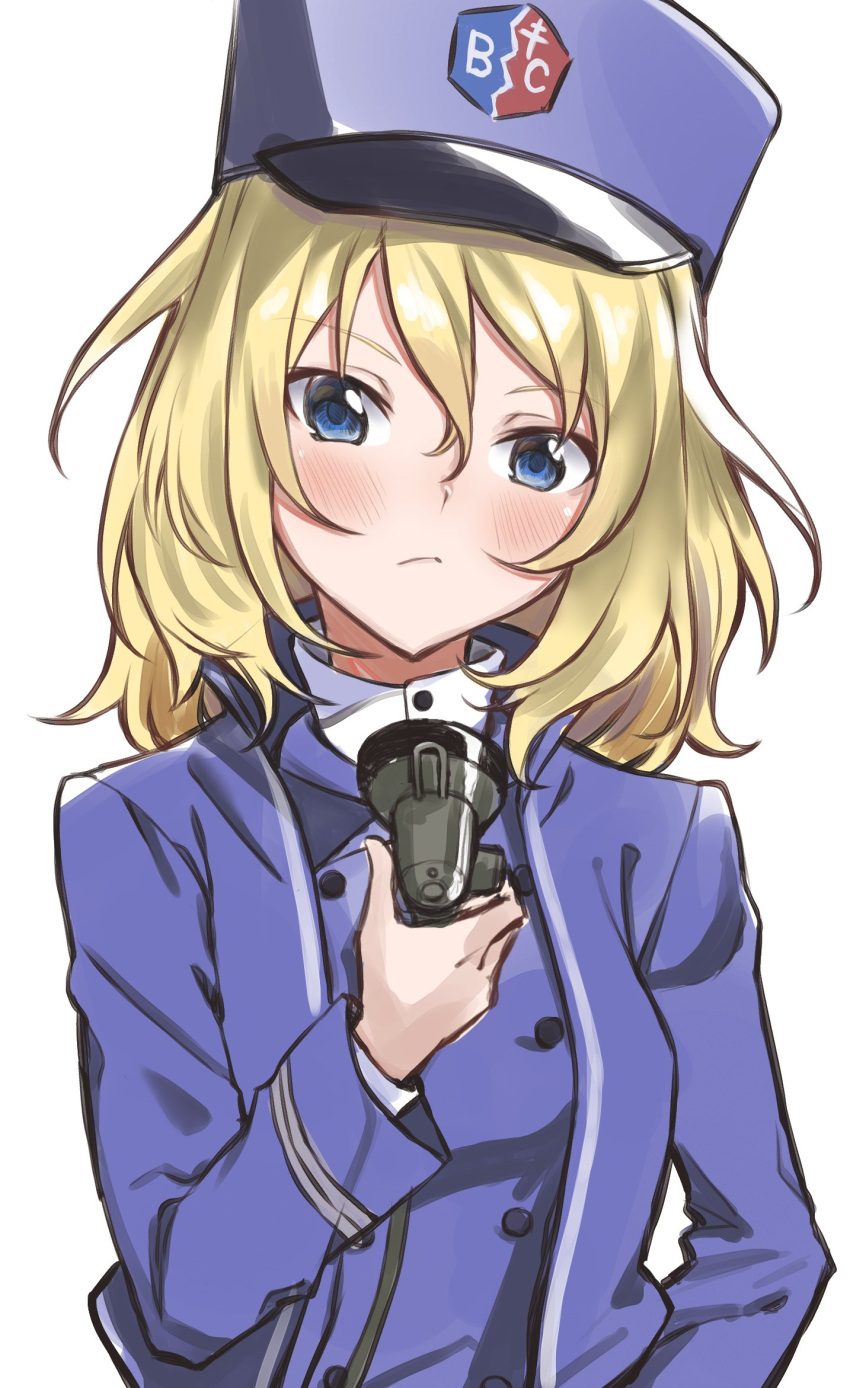 1girl bangs bc_freedom_(emblem) bc_freedom_military_uniform blonde_hair blue_eyes blue_headwear blue_jacket blue_vest emblem girls_und_panzer high_collar highres jacket kepi long_sleeves looking_at_viewer mamu_t7s medium_hair messy_hair oshida_(girls_und_panzer) pout solo vest