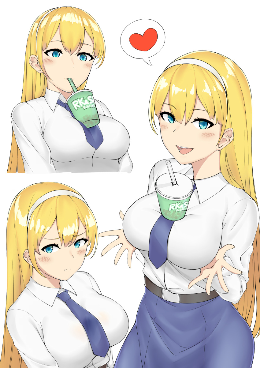 1girl absurdres alternate_costume azur_lane bangs belt blonde_hair blue_eyes blue_neckwear blue_skirt blush breasts bubble_tea_challenge carolrin closed_mouth collared_shirt dress_shirt drink hair_between_eyes hairband heart highres large_breasts long_hair necktie north_carolina_(azur_lane) open_mouth pout school_uniform shirt skirt uniform white_hairband white_shirt