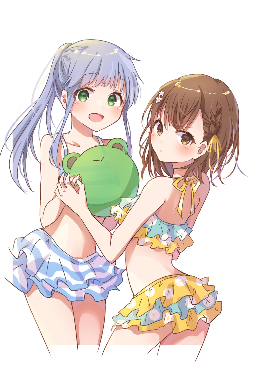 2girls :d absurdres bikini bikini_skirt blush braid brown_eyes brown_hair collarbone cowboy_shot cropped_legs flower green_eyes hair_flower hair_ornament hair_ribbon highres himaneko. holding index layered_skirt long_hair looking_at_viewer medium_hair misaka_mikoto multiple_girls open_mouth ponytail ribbon shiny shiny_hair shoulder_blades sidelocks silver_hair simple_background single_braid sketch skirt smile standing striped striped_skirt swimsuit to_aru_majutsu_no_index white_background white_flower yellow_ribbon