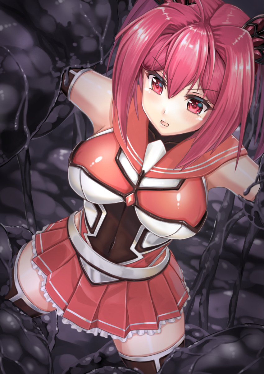 1girl ahoge breasts chicken_(chickenx) covered_navel cowboy_shot from_above hair_intakes highres large_breasts legs_apart original pleated_skirt red_eyes red_skirt redhead restrained shiny shiny_clothes shiny_skin short_hair skirt solo surprised