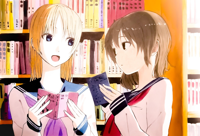 2girls blonde_hair blouse blue_eyes book bookshelf breast_pocket brown_eyes brown_hair highres library looking_at_another multiple_girls neckerchief ogino_jun open_book original pocket purple_neckwear red_neckwear sailor_collar school_uniform serafuku sleeves_past_wrists white_blouse