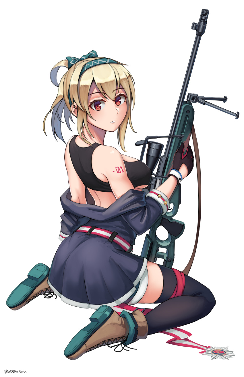 1girl absurdres bangs bare_shoulders black_gloves black_legwear black_tank_top blue_jacket boots bow breasts brown_footwear brown_hair commentary_request crop_top cross-laced_footwear eyebrows_visible_through_hair full_body girls_frontline gloves green_bow green_hairband gun hair_between_eyes hair_bow hairband highres holding holding_gun holding_weapon jacket lace-up_boots large_breasts long_hair long_sleeves looking_at_viewer looking_back ndtwofives off_shoulder open_clothes open_jacket parted_lips ponytail red_eyes rifle shoe_soles simple_background sitting sniper_rifle solo sv-98 sv-98_(girls_frontline) tank_top thigh-highs under_boob wariza weapon white_background