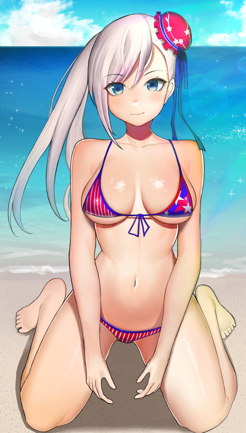 1girl absurdres american_flag_bikini asymmetrical_hair bangs beach bikini blue_eyes blush breasts bun_cover collarbone commentary_request day eyebrows_visible_through_hair fate/grand_order fate_(series) flag_print gatchan hair_bun highres huge_filesize large_breasts long_hair looking_at_viewer miyamoto_musashi_(fate/grand_order) miyamoto_musashi_(swimsuit_berserker)_(fate) navel ocean outdoors pink_hair revision smile solo swept_bangs swimsuit