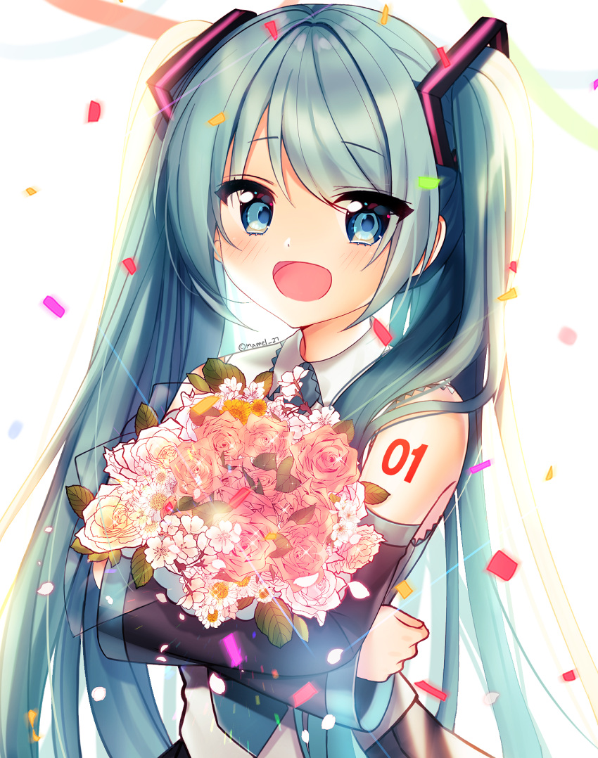 1girl :d anniversary bangs bare_shoulders birthday black_skirt black_sleeves blue_eyes blush bouquet collared_shirt commentary_request confetti crypton_future_media cute detached_sleeves eyebrows_visible_through_hair flower green_hair hair_ornament hatsune_miku highres long_hair long_sleeves looking_at_viewer mamel_27 moe object_hug open_mouth pink_flower pink_rose pleated_skirt rose see-through shirt skirt sleeveless sleeveless_shirt sleeves_past_wrists smile solo twintails upper_body very_long_hair vocaloid white_flower white_rose white_shirt wide_sleeves yamaha_(company)