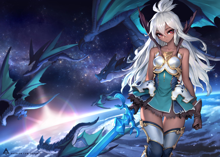 1girl armor armored_dress bare_shoulders boobplate breastplate brown_gloves closed_mouth collarbone commentary dark_skin dragon dress english_commentary gloves granblue_fantasy green_dress hair_between_eyes highres holding holding_sword holding_weapon long_hair looking_at_viewer oopartz_yang patreon_username red_eyes revision solo strapless strapless_dress sword thigh-highs weapon white_hair zooey_(granblue_fantasy)