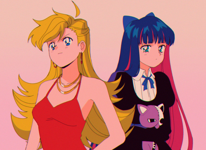 2girls 90s artist_request blonde_hair blue_eyes blue_hair bow closed_mouth doll_hug dress earrings hair_bow highres honekoneko_(psg) jewelry long_hair multicolored_hair multiple_girls necklace panty_&amp;_stocking_with_garterbelt panty_(psg) pink_background pink_hair red_dress ribbon stocking_(psg) two-tone_hair