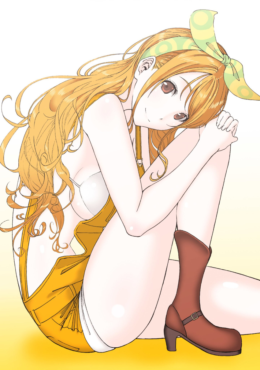 1girl bikini_top boots breasts brown_eyes commentary hair_ribbon hands_together high_heel_boots high_heels highres leg_hug looking_at_viewer medium_breasts nami_(one_piece) ogino_jun one_piece orange_hair overalls ribbon sideboob sitting smile