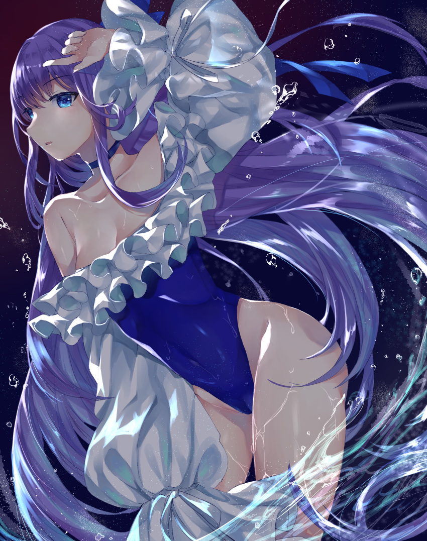 1girl absurdres air_bubble bare_shoulders blue_choker blue_eyes blue_swimsuit bubble choker covered_navel fate/grand_order fate_(series) hair_ribbon highres hitomin_(ksws7544) long_hair long_sleeves looking_at_viewer meltryllis meltryllis_(swimsuit_lancer)_(fate) purple_hair ribbon solo standing swimsuit underwater very_long_hair