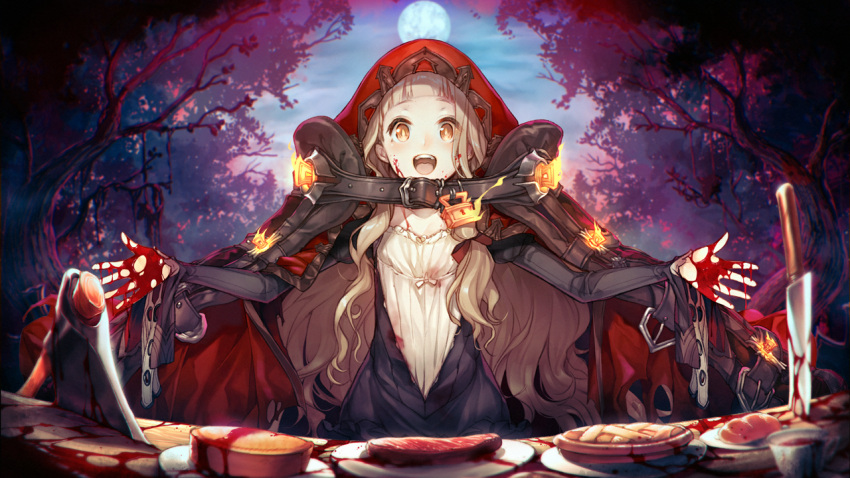 1girl :d axe blonde_hair blood blood_on_face bloody_clothes bloody_hands bloody_weapon bread cloak commentary_request cup eyes_visible_through_hair food frills hood hood_up hooded_cloak knife little_red_riding_hood_(sinoalice) lock long_hair moon open_mouth orange_eyes outstretched_arms padlock plate sinoalice smile spread_arms teacup teroru tree upper_teeth weapon