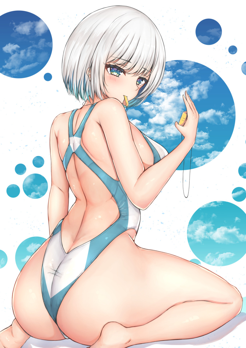 1girl ass barefoot blue_eyes blue_sky breasts clouds commentary_request competition_swimsuit from_behind highres looking_at_viewer looking_back medium_breasts mouth_hold one-piece_swimsuit original ryakusun short_hair silver_hair sitting sky solo stopwatch swimsuit two-tone_swimsuit wariza watch whistle white_background