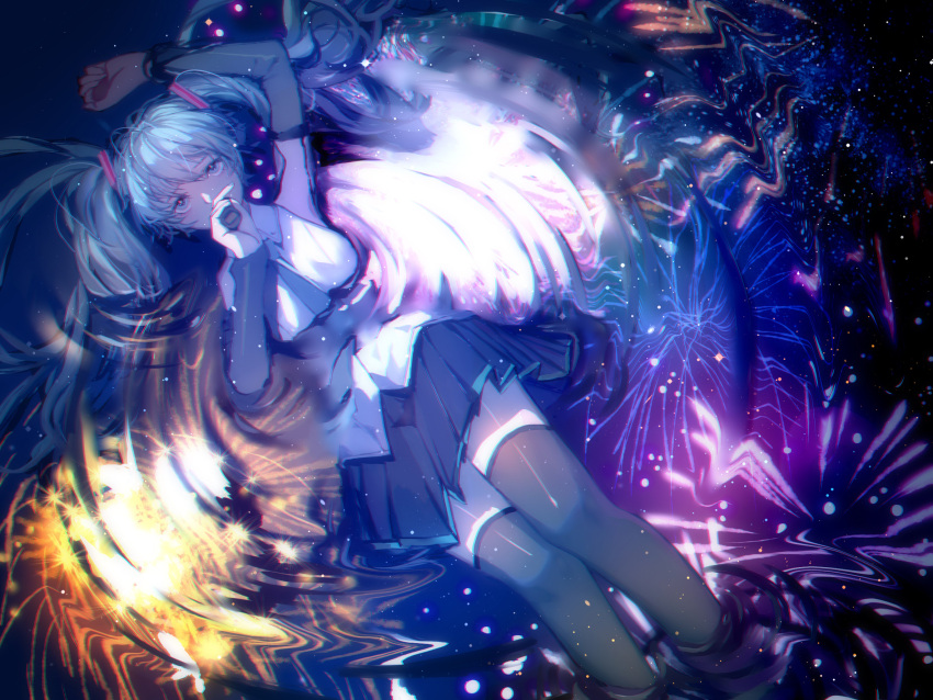 18052 1girl arm_up armpits black_legwear black_neckwear black_skirt black_sleeves blue_eyes blue_hair collared_shirt detached_sleeves dress_shirt fireworks floating_hair from_above hair_between_eyes hatsune_miku highres holding long_hair long_sleeves looking_at_viewer looking_up lying miniskirt necktie on_back pleated_skirt reflecting_pool shiny_legwear shirt skirt sleeveless sleeveless_shirt solo thigh-highs twintails very_long_hair vocaloid white_shirt wing_collar zettai_ryouiki