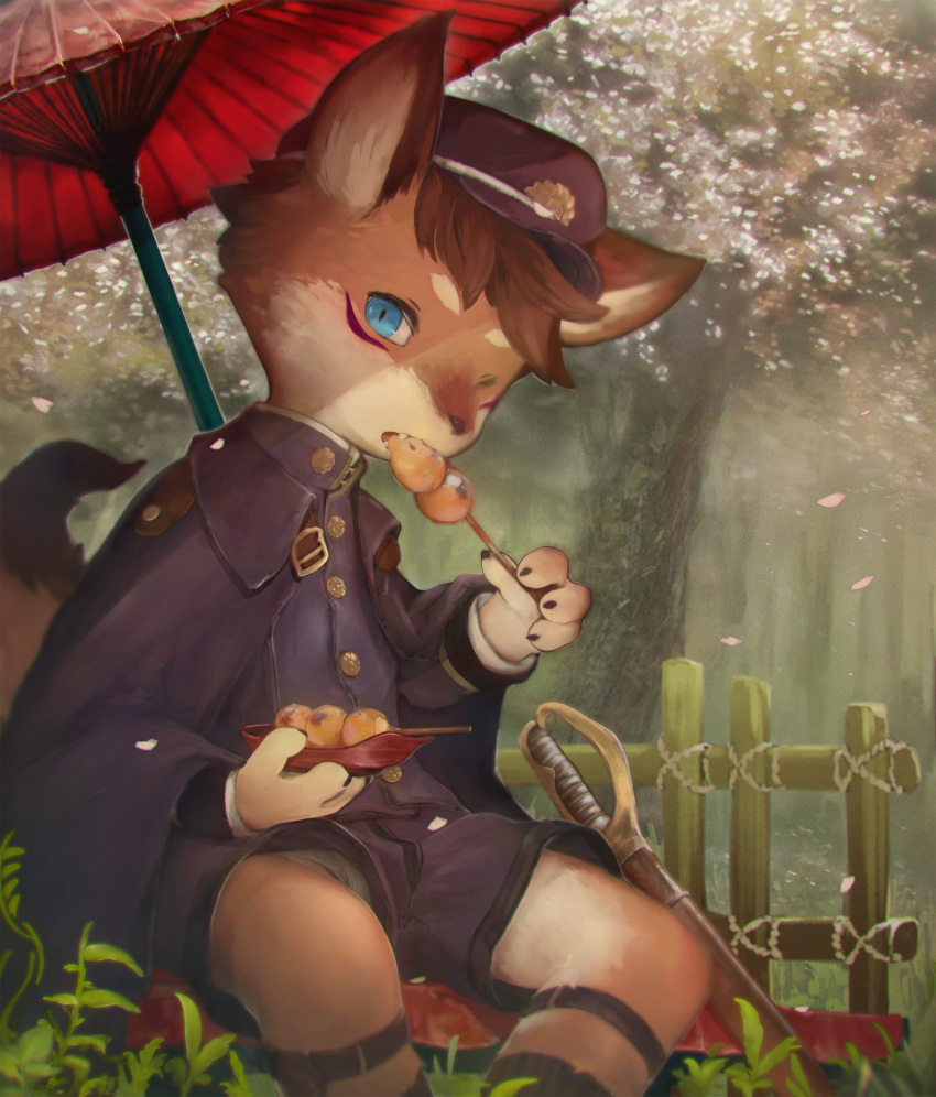 1boy absurdres animal_ears blue_eyes brown_hair cherry_blossoms dango eating food fox_boy fox_ears fox_tail furry hat highres huge_filesize looking_at_viewer male_focus one_eye_closed original outdoors parasol sitting solo tail totatetta tree umbrella uniform wagashi