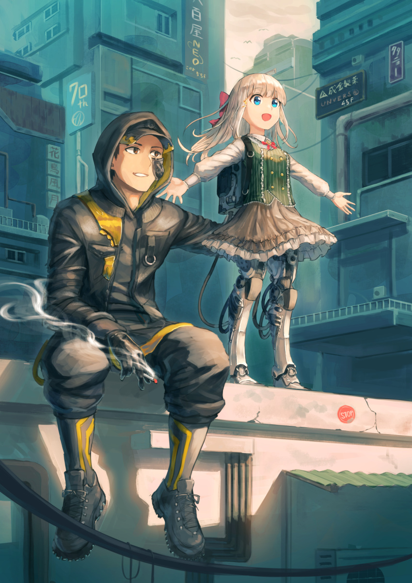 1boy 1girl :d backpack bag baseball_cap black_gloves blonde_hair blue_eyes brown_eyes brown_hair building cable cigarette cybernetic_parts cyberpunk dress frilled_dress frills gloves hair_ribbon hand_on_another's_back happy hat highres hood hood_up hooded_jacket jacket kurageso open_mouth original prosthesis prosthetic_leg ribbon scenery shoes sign sitting smile sneakers standing tube